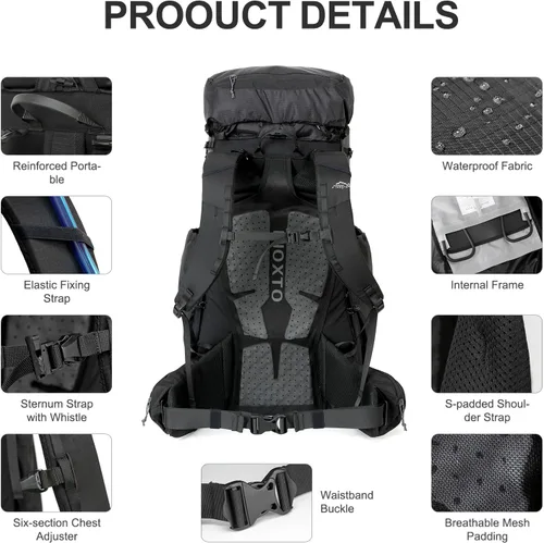 Miniatura 5 de IX INOXTO 55L Mochila con armazón interno resistente al agua para senderismo y camping con vejiga de agua de 3L y cubierta contra la lluvia, mochila