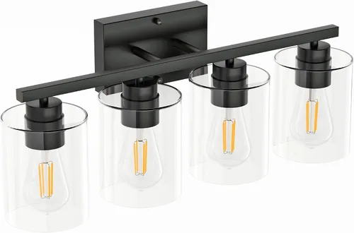 Miniatura 8 de Honesorn Lámparas de baño de 4 luces, luz de tocador de baño, color negro mate, accesorios de iluminación modernos con pantalla de vidrio