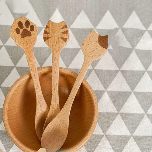 Miniatura 9 de iplusmile Juego de 2 cucharas de madera para gatos, utensilios de cocina ergonómicos de 5.51 pulgadas para ensalada de arroz y sopa, diseño de mango