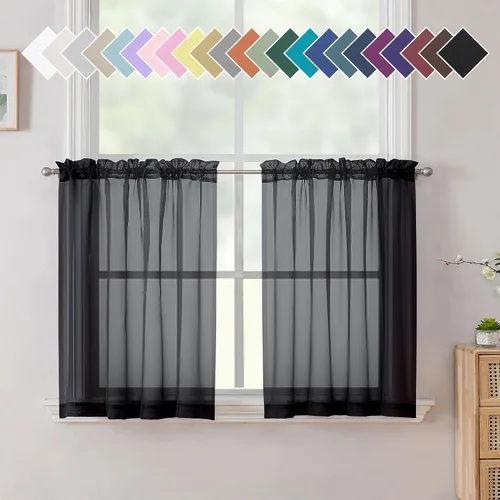 Miniatura 228 de Aiyufeng 2 paneles de cenefa transparente negra de 14 pulgadas de largo, cortinas cortas negras transparentes para dormitorio, cortinas de cocina