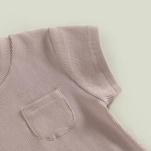 Miniatura 5 de KMBANGI Mameluco de manga corta con cuello redondo de punto acanalado de color sólido para bebé, niña y niño, traje de verano de una pieza