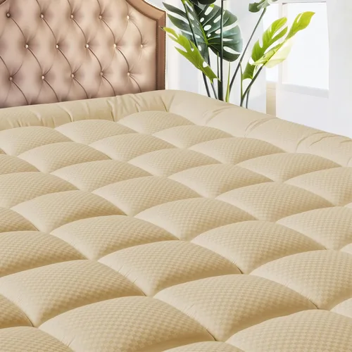 MATBEBY - Cubrecolchón acolchado, transpirable, esponjoso, refrescante, con esquinas profundas, lavable a máquina, color beige, tamaño California