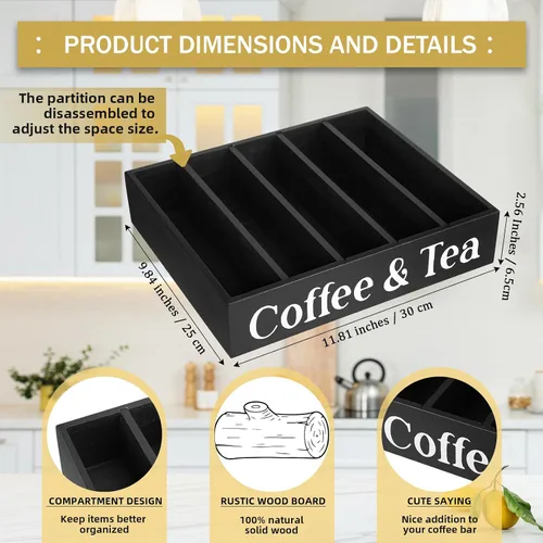 Miniatura 2 de Soaoo Organizador de estación de café, soporte de madera para café y té, accesorios de encimera con 4 divisores extraíbles, organizador