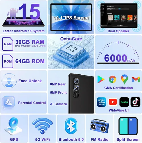Miniatura 3 de Tableta 2025 con Android 15 de 10 pulgadas con teclado de 30 GB de RAM 64 GB ROM, tableta 2 en 1 Octa-Core con Gemini AI, WiFi 5G, 6000 mAh, Negro