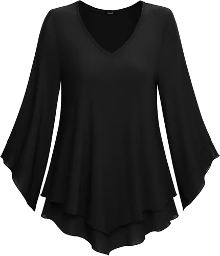 Miniatura 3 de Lotusmile - Blusa de vestir para mujer, camisa de malla de doble capa, manga acampanada 34, blusas de túnica