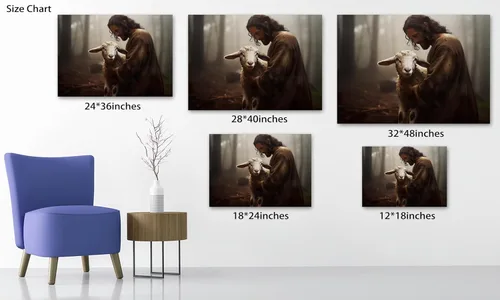Miniatura 5 de Arte de pared en lienzo de Jesús y Cordero, Arte de pared en lienzo de Jesús abrazando a un cordero fangoso, Arte de pared cristiano para decoración
