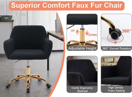 Miniatura 7 de Silla de escritorio de piel sintética para mujeres, niñas y adolescentes, silla de escritorio giratoria ajustable negra, silla de escritorio