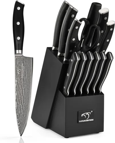 NANFANG BROTHERS Damascus - Juego de cuchillos de cocina de 14 piezas con tijeras y afilador, acero de damasco VG10, mango ergonómico ABS, Negro