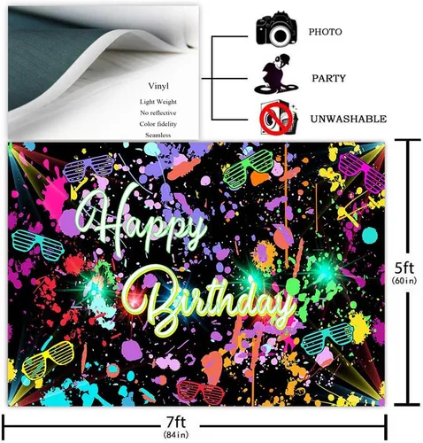 Miniatura 2 de Avezano Telón de fondo neón para fiesta de cumpleaños de 7 x 5 pies, que brilla en la oscuridad, salpicadura de grafiti de feliz cumpleaños