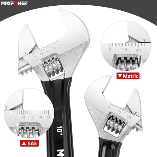 Miniatura 3 de MAXPOWER Juego de Llaves Ajustables, 3 Piezas Llaves Ajustables de 6 pulgadas, 8 pulgadas, 10 pulgadas, Escalas Métricas y SAE, Mandíbula Extra