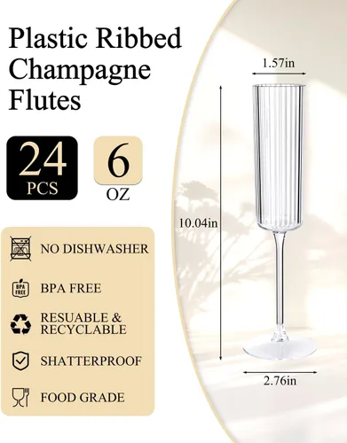 Miniatura 2 de Ciaell Paquete de 24 copas de champán de plástico – Copas de champán desechables acanaladas de 6 onzas – Copas de mimosa vintage transparentes