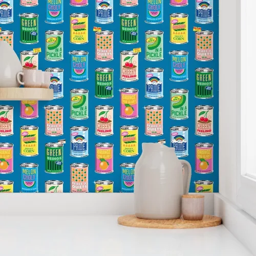 Miniatura 8 de Despegar y pegar papel tapiz Muestras - Retro Frutas Mercado de Alimentos Tipografía Verduras Encurtidos Latas de Maíz Supermercado Precio enlatado