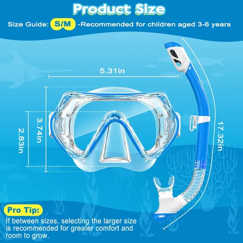 Miniatura 7 de 2 juegos de equipo de esnórquel para niños de 3 a 14 años, antivaho 180° Clear View Dry Top Snorkel Set, máscara de natación con cubierta nasal