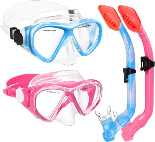 2 Sets Snorkeling Gear for Kids, Kids Snorkel Set for Ages 6-14, Dry Top Snorkel Mask Set for Youth Boys Girls Junior, Tempered Glass Diving