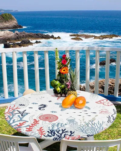 Miniatura 30 de SEVENBABU Mantel redondo de 36 a 44 pulgadas, mantel redondo de vinilo ajustable con borde elástico para fiestas al aire libre, color aguamarina