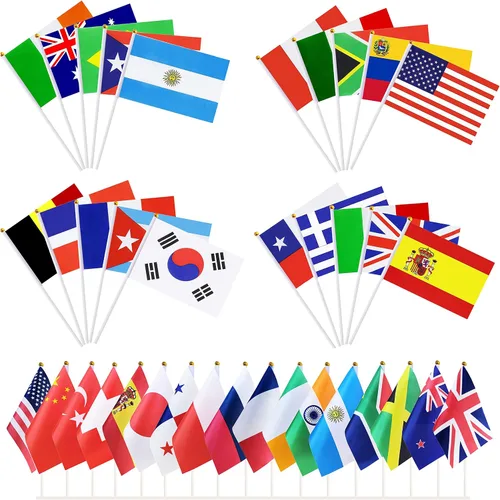 Banderas de mano de 200 países en palo, pequeñas mini banderas internacionales de países del mundo de 5 x 8 pulgadas, bandera de países del mundo en