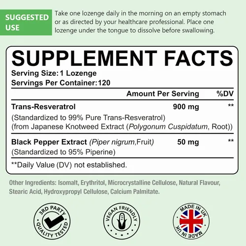 Miniatura 2 de Trans-Resveratrol Sublingual Pureza 99%, Fórmula Avanzada 3 en 1 Suplemento de Resveratrol para Boost NAD +, Apoyo Inmune y Energético, 120