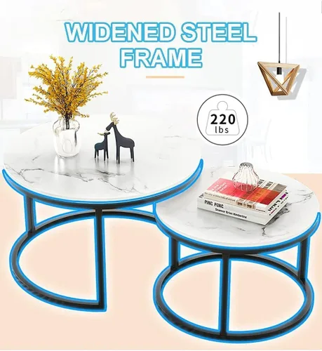 Miniatura 3 de Mesa - Juego de 2 mesas de centro redondas con parte superior de mármol sintético, mesa auxiliar moderna d metal e esquina anidable mesa de cóctel