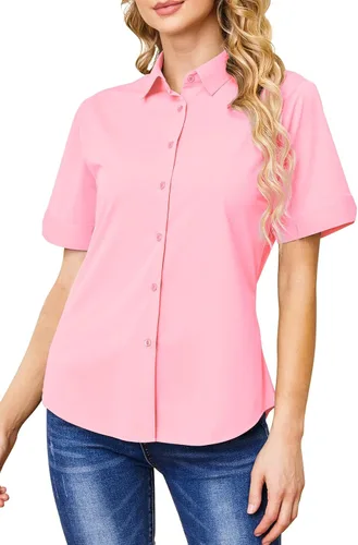 Miniatura 16 de Camisas con botones para mujer, sin arrugas, ajustadas, manga corta, formal, sólidas, blusas
