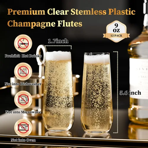 Miniatura 2 de Guanqiao Paquete de 12 copas de champán de plástico sin pie, 266 ml, vasos de plástico transparentes desechables, vasos de mimosa irrompibles