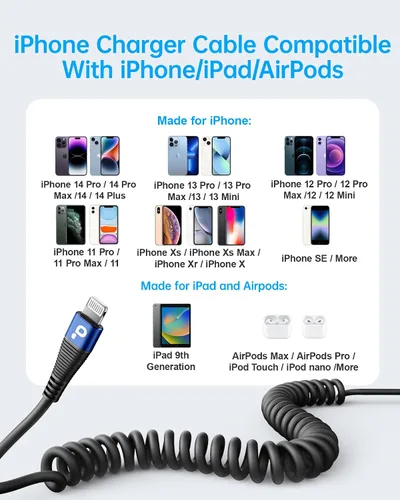 Miniatura 6 de Cable de carga para iPhone para automóvil de 3 pies, paquete de 2 cables Lightning enrollados, [certificado Apple MFi] cable de carga retráctil