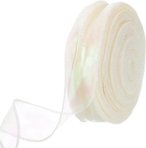 Miniatura 54 de MECCANIXITY - Cinta de organza con cable de 1 1/2" de ancho, brillante, transparente, con brillo irisado en tonos pastel, cinta de gasa para Beige