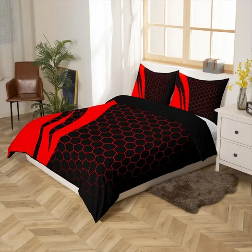 Miniatura 9 de Juego de ropa de cama de panal hexagonal para niños, niñas, adolescentes, funda de edredón geométrica transpirable, colmena geométrica roja y negra