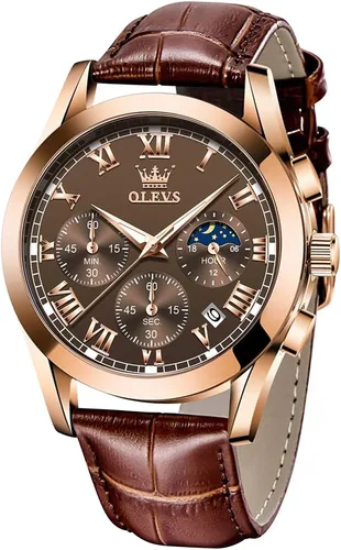 Miniatura 28 de OLEVS - Relojes para hombre, de cuero marrón, caja dorada, analógico, de cuarzo, de moda, para negocios, reloj de vestir, con fecha, luminoso
