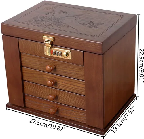 Miniatura 3 de DYRABREST Joyero organizador de madera con cerradura de combinación con cerradura grande con cerradura para vestidor, contenedor de almacenamiento