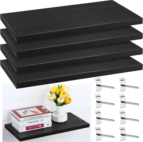 Miniatura 8 de Landical Juego de 4 estantes flotantes de madera para pared, estantes de pared de listones blancos con ganchos de metal, accesorios para sala