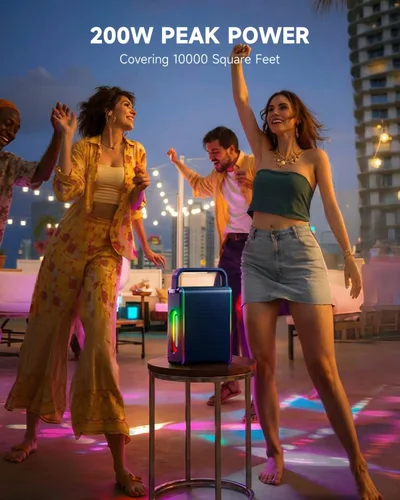 Miniatura 3 de Moukey MPS5 - Máquina de karaoke portátil, altavoz recargable de 200 W de potencia máxima con 2 micrófonos inalámbricos y correa, compatible con BT