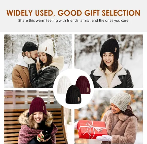 Miniatura 7 de Gorro de punto de invierno para mujer, 3 piezas, gorro de punto cálido a la moda, gorro para mujer para otoño y clima frío