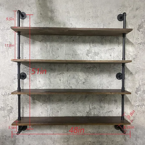 Miniatura 2 de Estantes de pared de tubería industrial con tablón de madera real, estantes flotantes de 48 pulgadas para pared, estantería de libros estilo granja