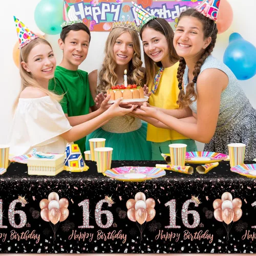 Miniatura 5 de GREHUMOR 3 manteles de fiesta de cumpleaños de 16 años para niñas, color oro rosa, suministros de fiesta de cumpleaños de 16 años, cubierta de mesa