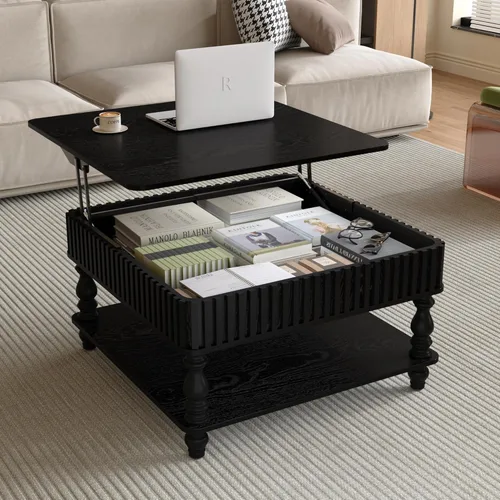 Miniatura 36 de 31.52" Square Lift Top Coffee Table with Storage, Natural Rattan & Hemp Rope, Adjustable Function, Vintage Farmhouse Center Table for Living Room