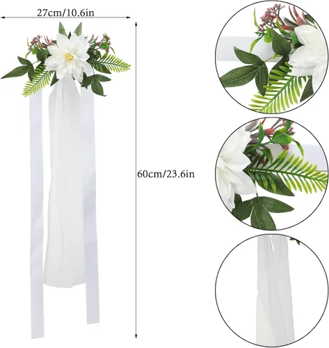 Miniatura 4 de Juego de 6 decoraciones para sillas de pasillo de boda, flores artificiales con cintas, sillas, respaldo de banco, arreglo floral para decoración