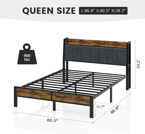 Miniatura 2 de Base de cama tamaño Queen con cabecera de madera, plataforma de metal con estación de carga USB y luces LED inteligentes, no necesita somier, fácil