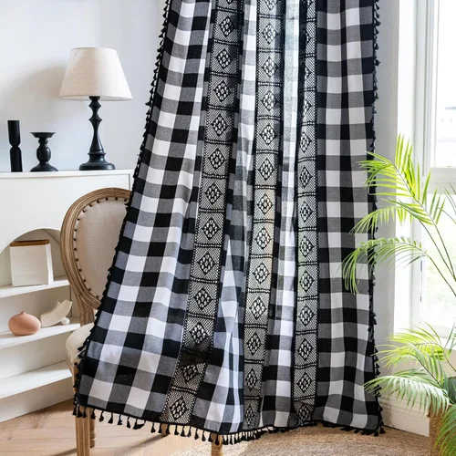 Miniatura 118 de Deeprove Cortinas bohemias para dormitorio, rayas huecas de ganchillo crema y estampado floral, tela de lino de algodón, con borlas beige bohemias