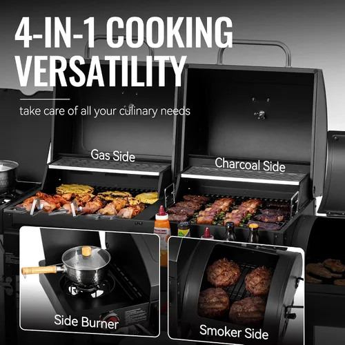 Miniatura 5 de Parrilla de gas y carbón combinada de 2 quemadores con ahumador lateral y quemador lateral, parrilla de combustible dual de 34.000 BTU, área