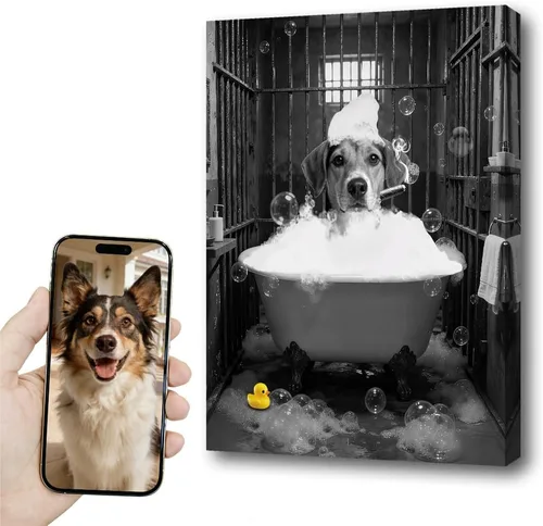 Miniatura 35 de Fotos personalizadas de mascotas en lienzo para pared Arte de baño personalizado Lindo perro gato en bañera Impresiones, divertidos animales Foto