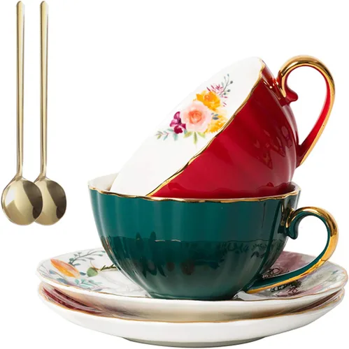 A-SZCXTOP Taza de té de porcelana, juego de 2 tazas de café expreso (8 onzas) con platillos y cucharas, caja de regalo, juego de tazas de café para