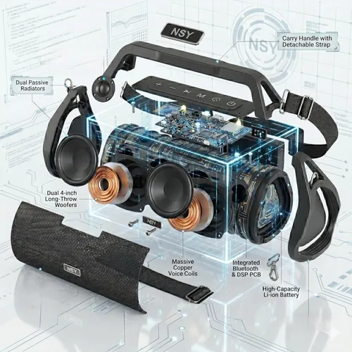 Miniatura 8 de Boombox para exteriores de 120 W, altavoz Bluetooth portátil impermeable con TWS, graves fuertes, correa y mango incorporados, tiempo