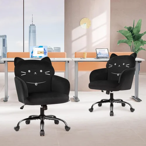 Miniatura 5 de IWMH Silla de oficina en casa, silla de escritorio de asiento ancho, lindas sillas giratorias de terciopelo para tocador, sillas de tareas con Negro