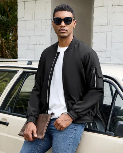 Miniatura 24 de Polu Chaquetas bomber para hombre con bolsillos, chaquetas cortavientos ligeras, cremallera de 2 vías, abrigo casual de negocios para otoño e