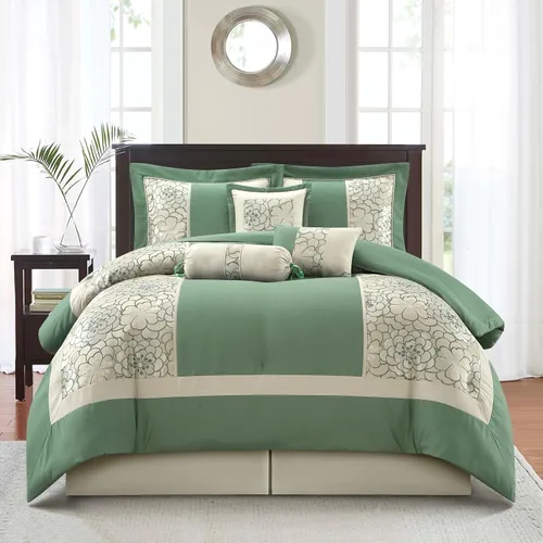 Miniatura 12 de Grand Avenue Juego de edredón gris aguamarina, tamaño Queen, juego de ropa de cama suave jacquard de 7 piezas, para todas las estaciones, falda