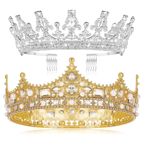 Juexica 2 piezas Coronas Rey y Reina, Coronas de Boda y Tiaras para Mujeres, Hombres, Princesa, Diadema Vintage, Corona de Cumpleaños, Corona