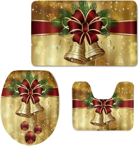 FOR U DESIGNS Juego de tapetes de baño con moqueta, contorno y tapa, campana de lazo de Navidad, tapete decorativo suave para el hogar, dorado (3