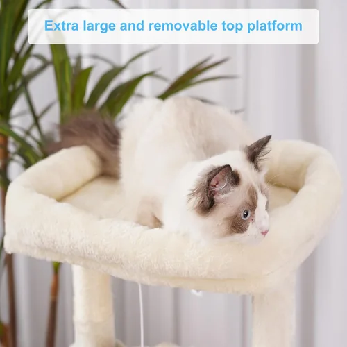 Miniatura 4 de Hey-brother Árbol para gatos, torre para gatos de interior, casa para gatos con cama acolchada grande, acogedor condominio, hamacas, postes Beige