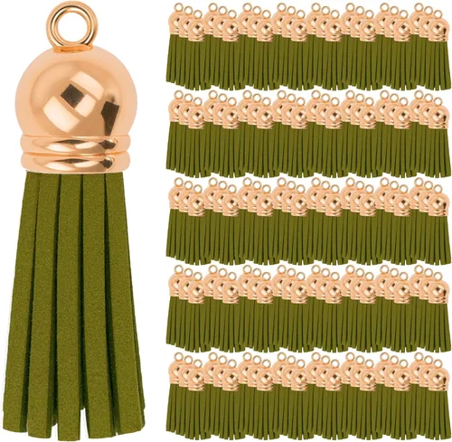 Miniatura 36 de Mandala Crafts 100 borlas de gamuza sintética color aguamarina con tapa dorada, suministros para hacer llaveros a granel, pequeñas borlas de cuero