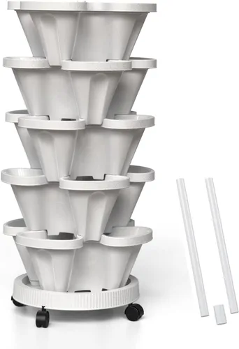 Miniatura 15 de Macetas verticales de fresa, paquete de 2 unidades, torre apilable de 5 niveles con poste de soporte, macetas apilables para hierbas y verduras